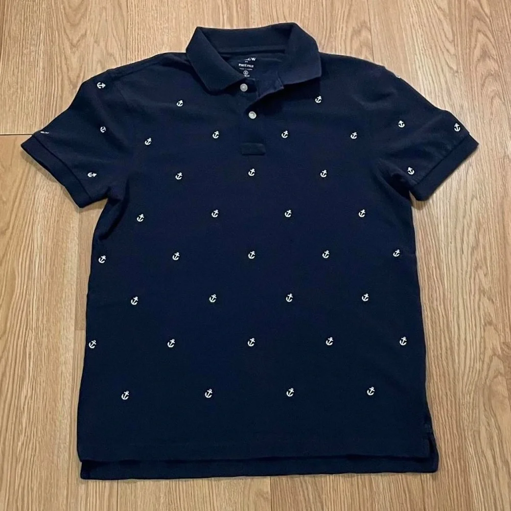 J.Crew Pique Polo Shirt Boys Small Anchor Print Slim Fit Short Sleeve Navy Blue